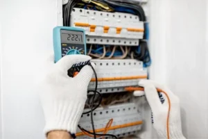 a close up of a City of Virginia Beach electrician wearing white safety gloves testing an electrical panel with a voltmeter electrical testing tool